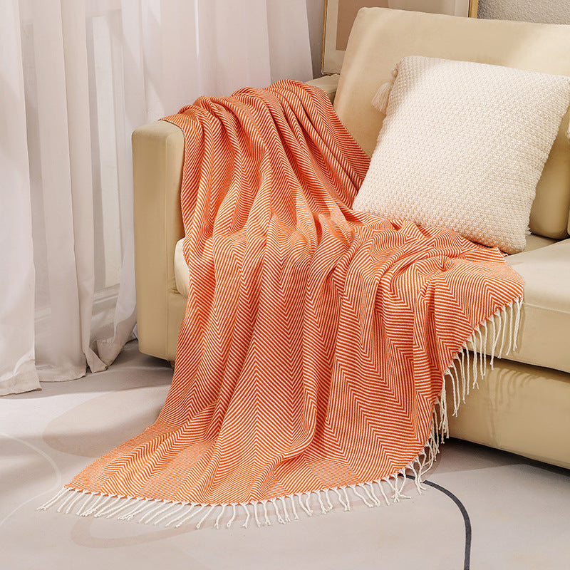 Orange Elegant Herringbone Tassel Throw Blanket - Large Acrylic Faux Cashmere Soft Cozy Blanket for Sofa, Bed & Decor (130x240cm)