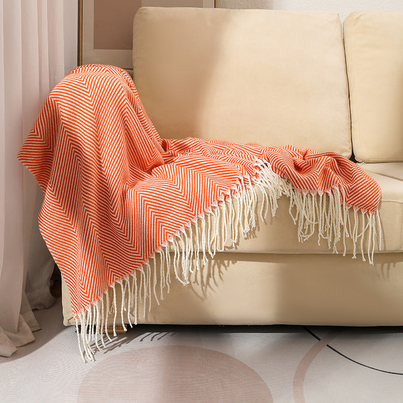 Orange Elegant Herringbone Tassel Throw Blanket - Large Acrylic Faux Cashmere Soft Cozy Blanket for Sofa, Bed & Decor (130x240cm)