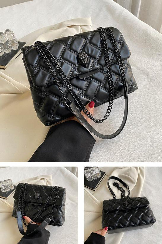 Black Chic Quilted Crossbody Bag for Women - PU Leather Diamond Pattern Chain Strap Shoulder Purse with Elegant Clasp