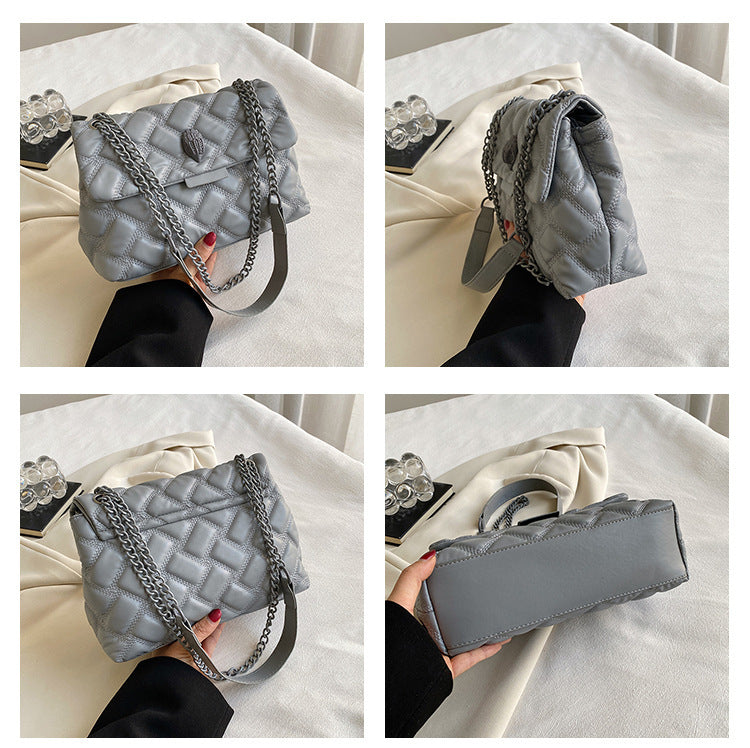 Grey Chic Quilted Crossbody Bag for Women - PU Leather Diamond Pattern Chain Strap Shoulder Purse with Elegant Clasp