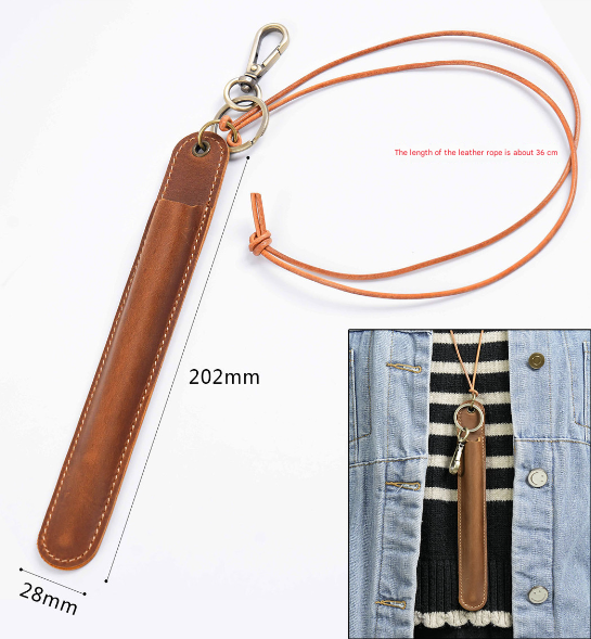 Green Vintage Top-Grain Leather Pen Sleeve Holder with Neck Strap - Protective Single Pen Case
