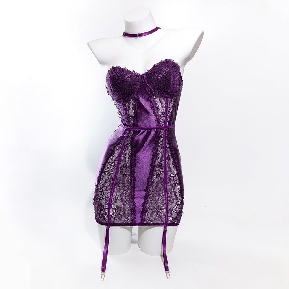 Size M Seductive Purple Lace & Satin Corset Lingerie Dress - Strapless Bustier with Halter Neck & Garters