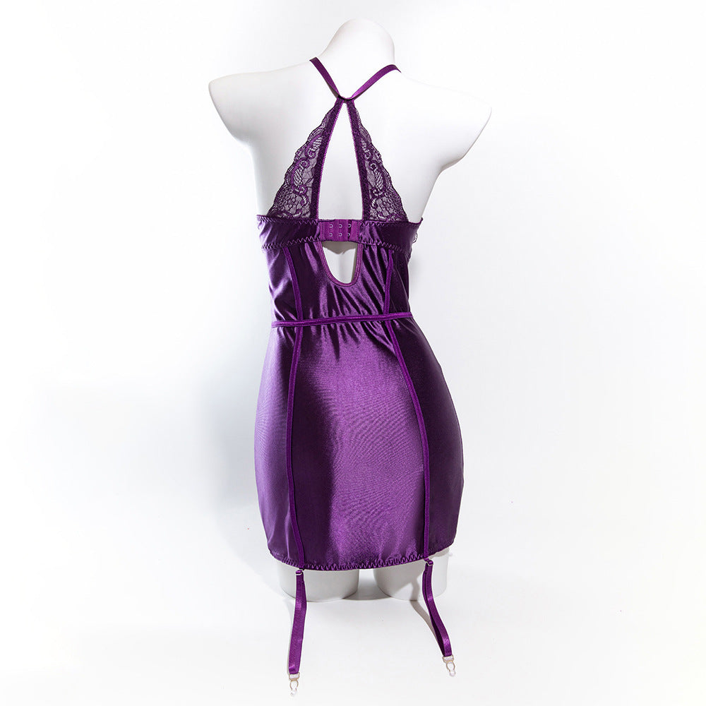 Size M Seductive Purple Lace & Satin Corset Lingerie Dress - Strapless Bustier with Halter Neck & Garters