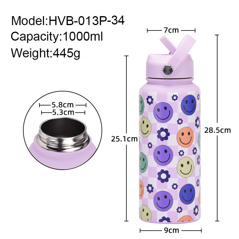 Style 9B Black Vibrant Fun Print 1L Stainless Steel Insulated Water Bottle - 32oz Large Capacity with Straw Lid & Carry Handle - BPA-Free