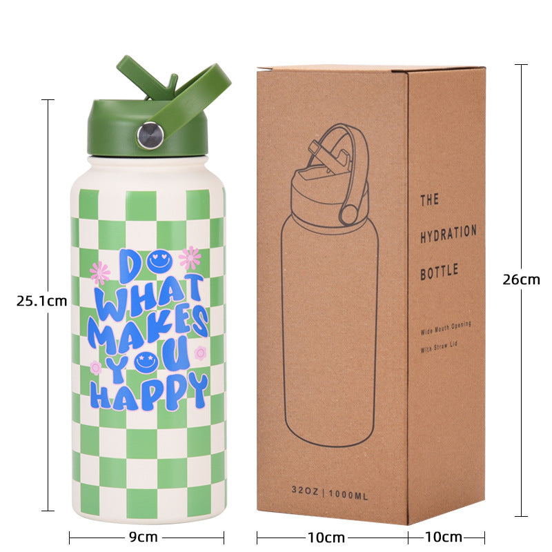 Style 9B Black Vibrant Fun Print 1L Stainless Steel Insulated Water Bottle - 32oz Large Capacity with Straw Lid & Carry Handle - BPA-Free