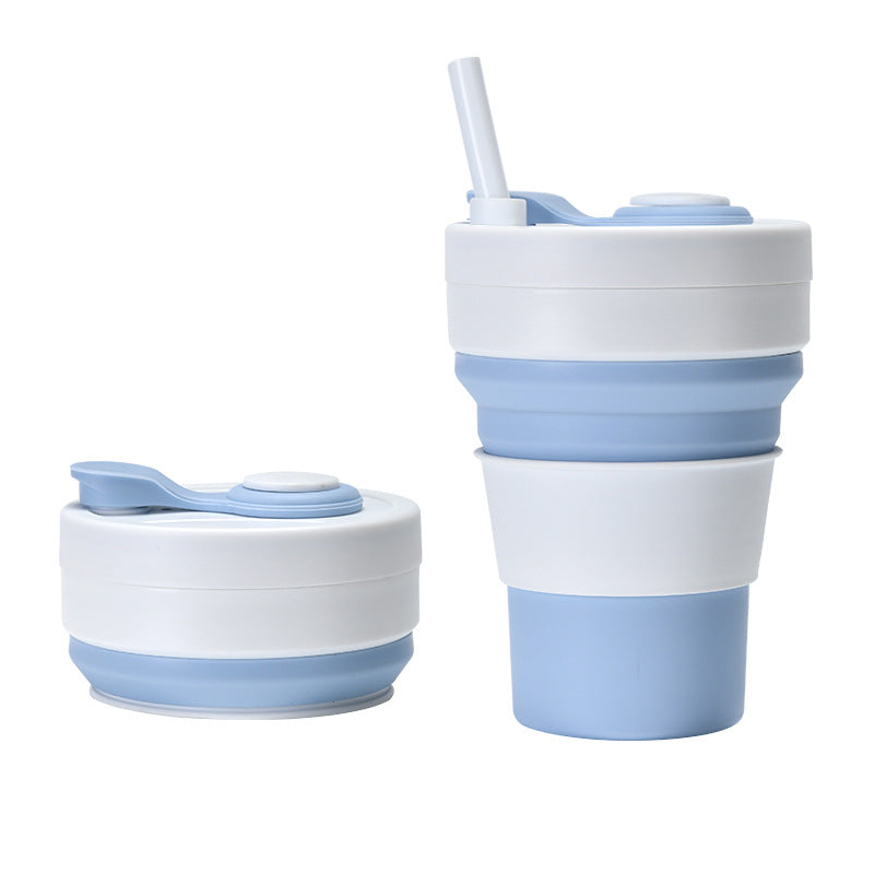2 Pcs White and Blue 350ml Collapsible Silicone Travel Cup - Portable, Leak-Proof & Food-Grade Drinking Mug with Lid, Insulating Sleeve & Straw