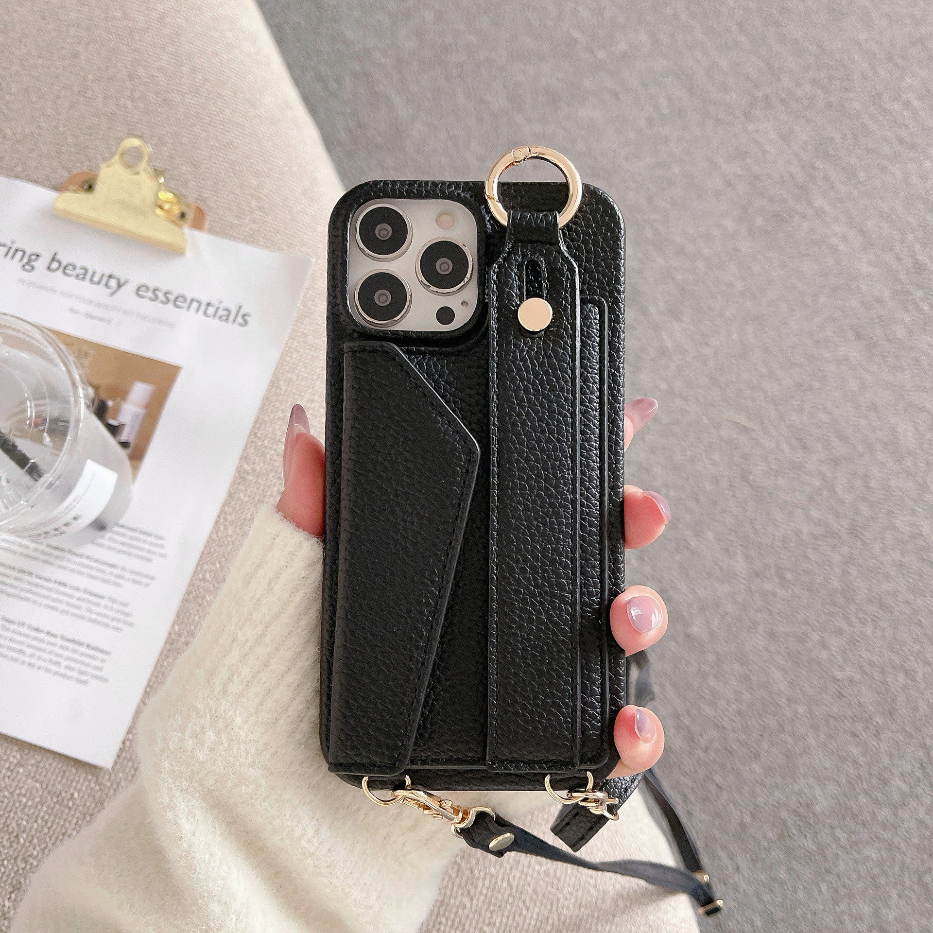 Black Chic PU Leather Crossbody Wallet Case for iPhone 16 Pro - Card Holder with Detachable Strap & Finger Ring Grip
