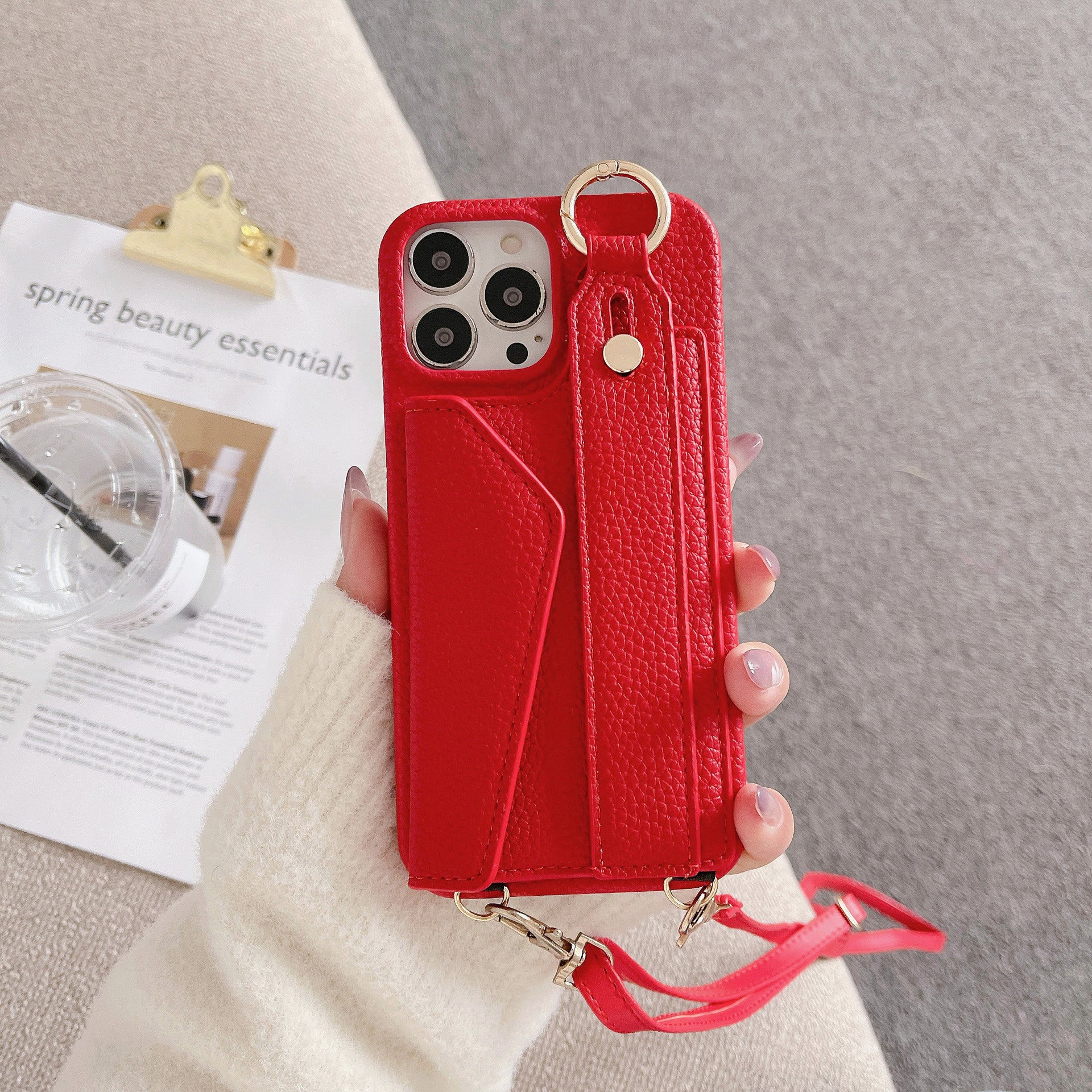 Red Chic PU Leather Crossbody Wallet Case for iPhone 16 Pro Max - Card Holder with Detachable Strap & Finger Ring Grip