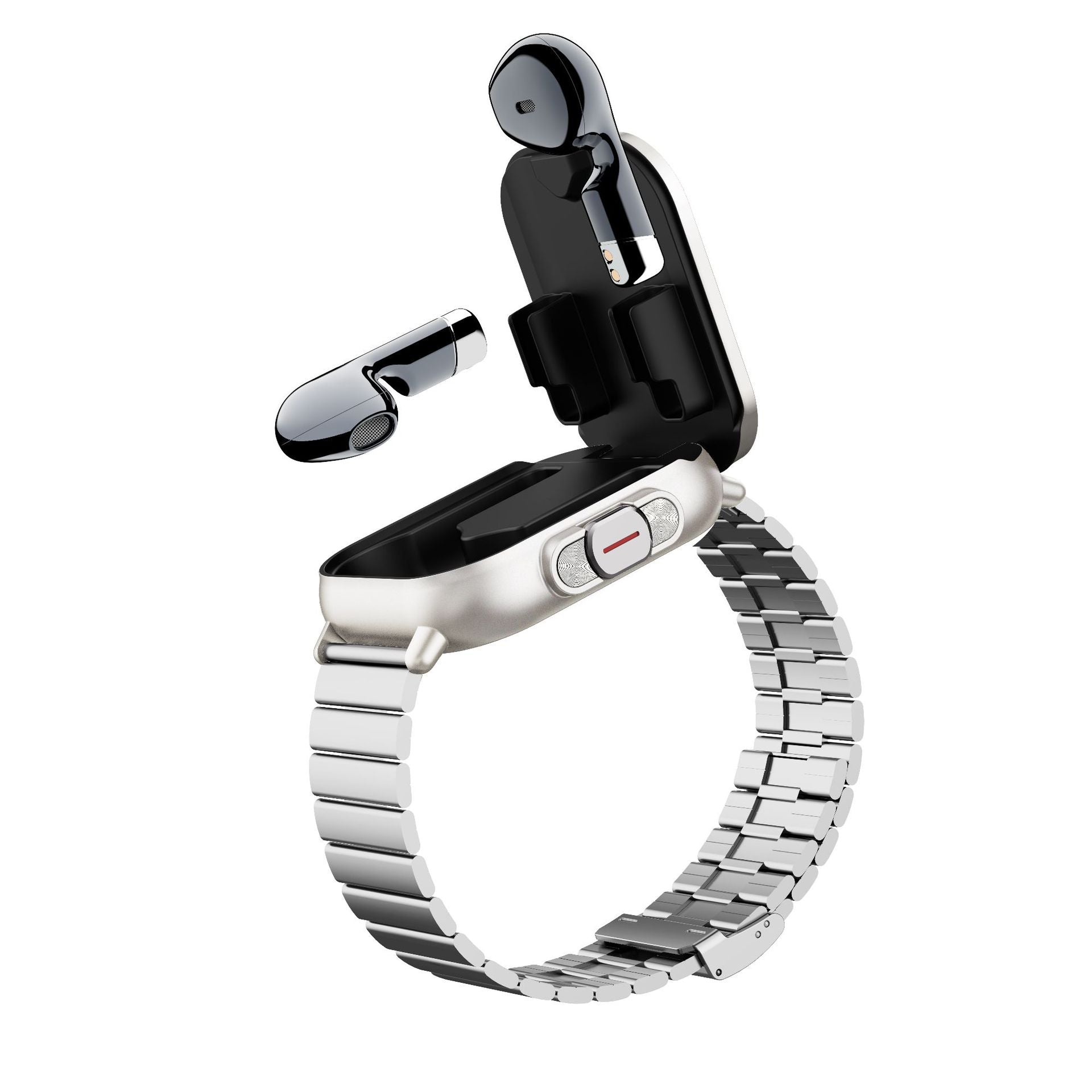 Silver Steel Belt 2-in-1 Smartwatch with Built-in Earbuds - 2.01 HD Touchscreen