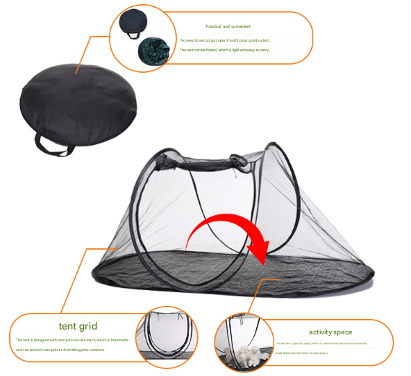 Black Portable Pop-Up Pet Tent - Lightweight Foldable Outdoor Enclosure for Dogs & Cats, Breathable Mesh Travel Kennel
