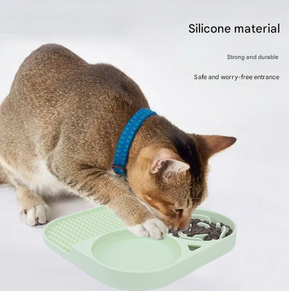 2 Pcs Green 3-in-1 Silicone Pet Slow Feeder & Lick Mat with Water Bowl - Non-Slip Design for Dogs & Cats