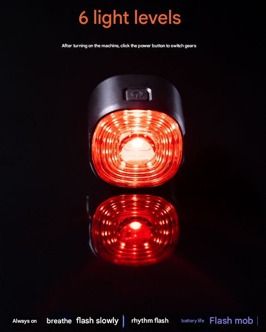Black and Red Smart Bike Tail Light - Auto Brake Sensing, 6 Modes, USB-C Rechargeable, IP66 Waterproof for Enhanced Cycling Safety