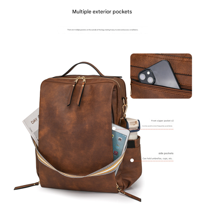 Brown Women's Vintage PU Leather Anti-Theft Backpack - Convertible Shoulder Bag & Laptop Rucksack for Travel & Daily Use
