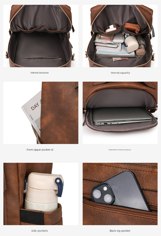 Grey Women's Vintage PU Leather Anti-Theft Backpack - Convertible Shoulder Bag & Laptop Rucksack for Travel & Daily Use