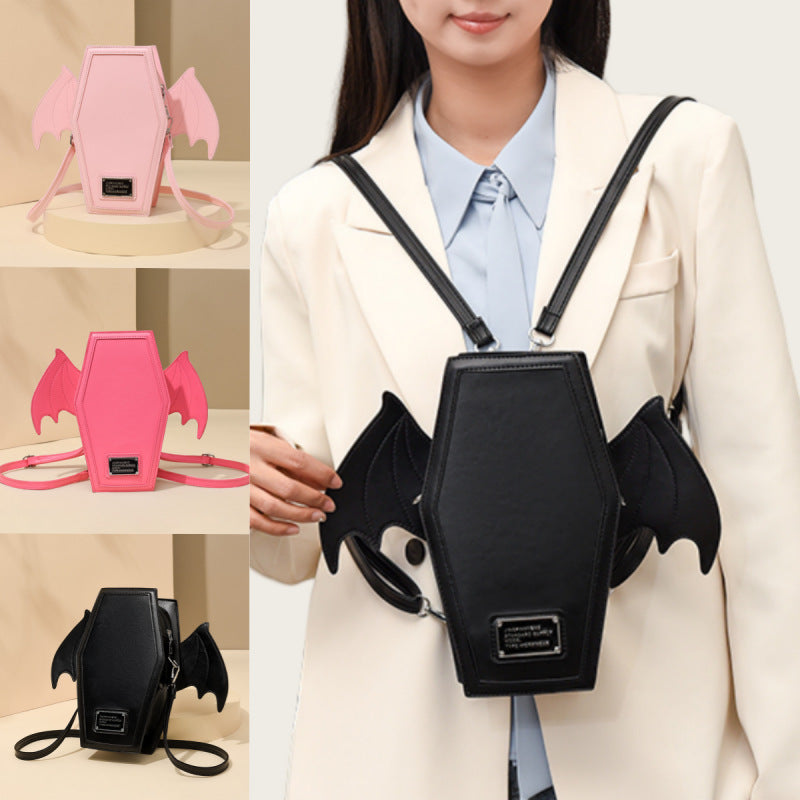 Black Gothic Coffin Bat Wing Convertible Crossbody Bag - Punk PU Leather Shoulder Purse & Mini Backpack