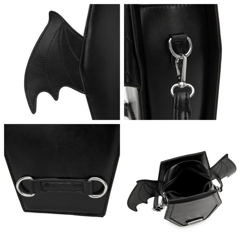 Black Gothic Coffin Bat Wing Convertible Crossbody Bag - Punk PU Leather Shoulder Purse & Mini Backpack