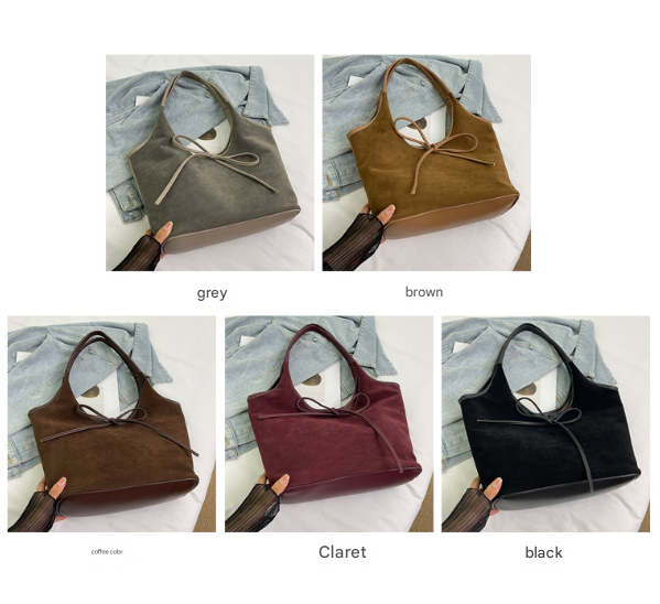 Grey Chic Retro Suede-Finish PU Leather Tote Bag - Large Capacity Shoulder Bag with Tie Accent