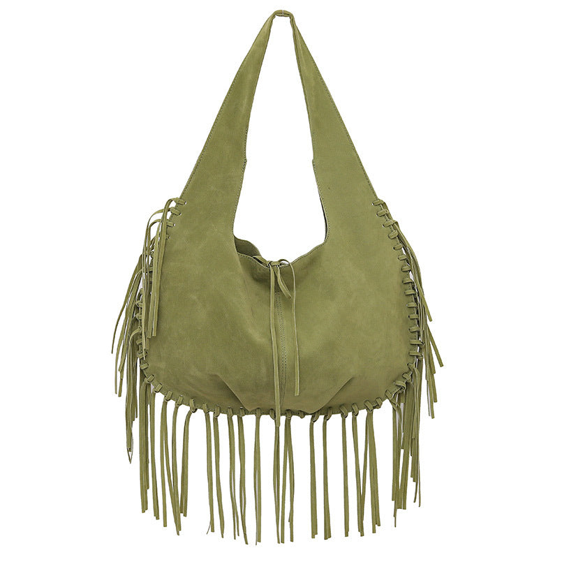 Green Boho Chic Fringed Hobo Bag - Large Capacity Soft Faux Suede Shoulder Tote with Tassel Detail