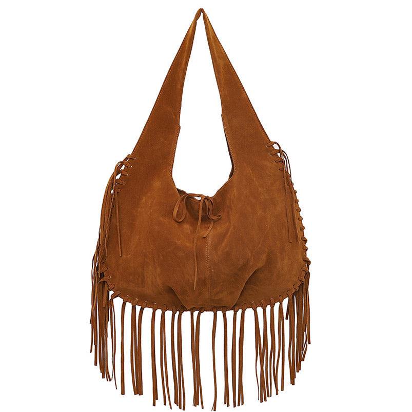 Brown Boho Chic Fringed Hobo Bag - Large Capacity Soft Faux Suede Shoulder Tote with Tassel Detail