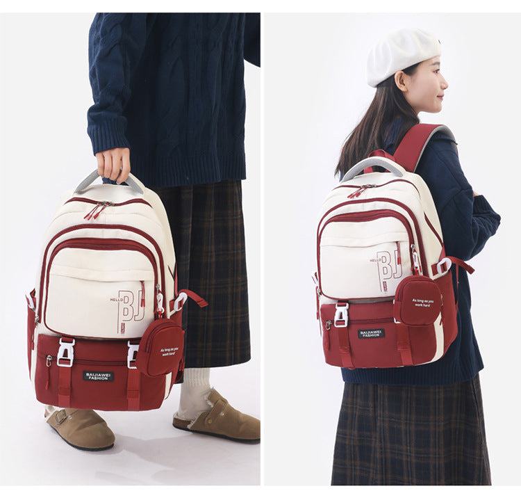 Red and White Large Capacity Student Backpack - Durable Oxford Cloth School Bag with Laptop Compartment & Multiple Pockets