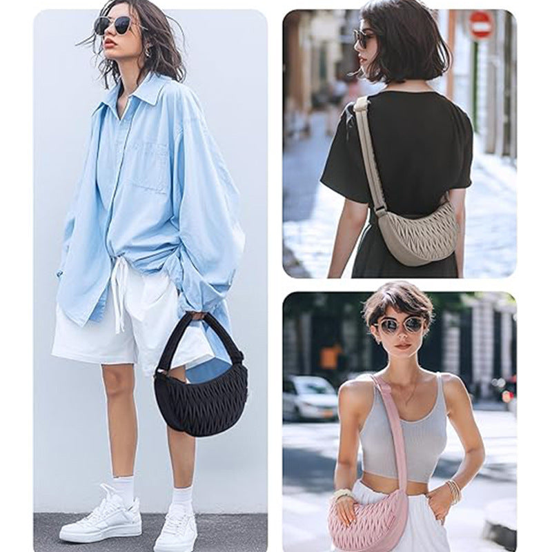 Black Chic Pleated Crescent Sling Bag - Water-Resistant Lightweight Crossbody & Shoulder Purse