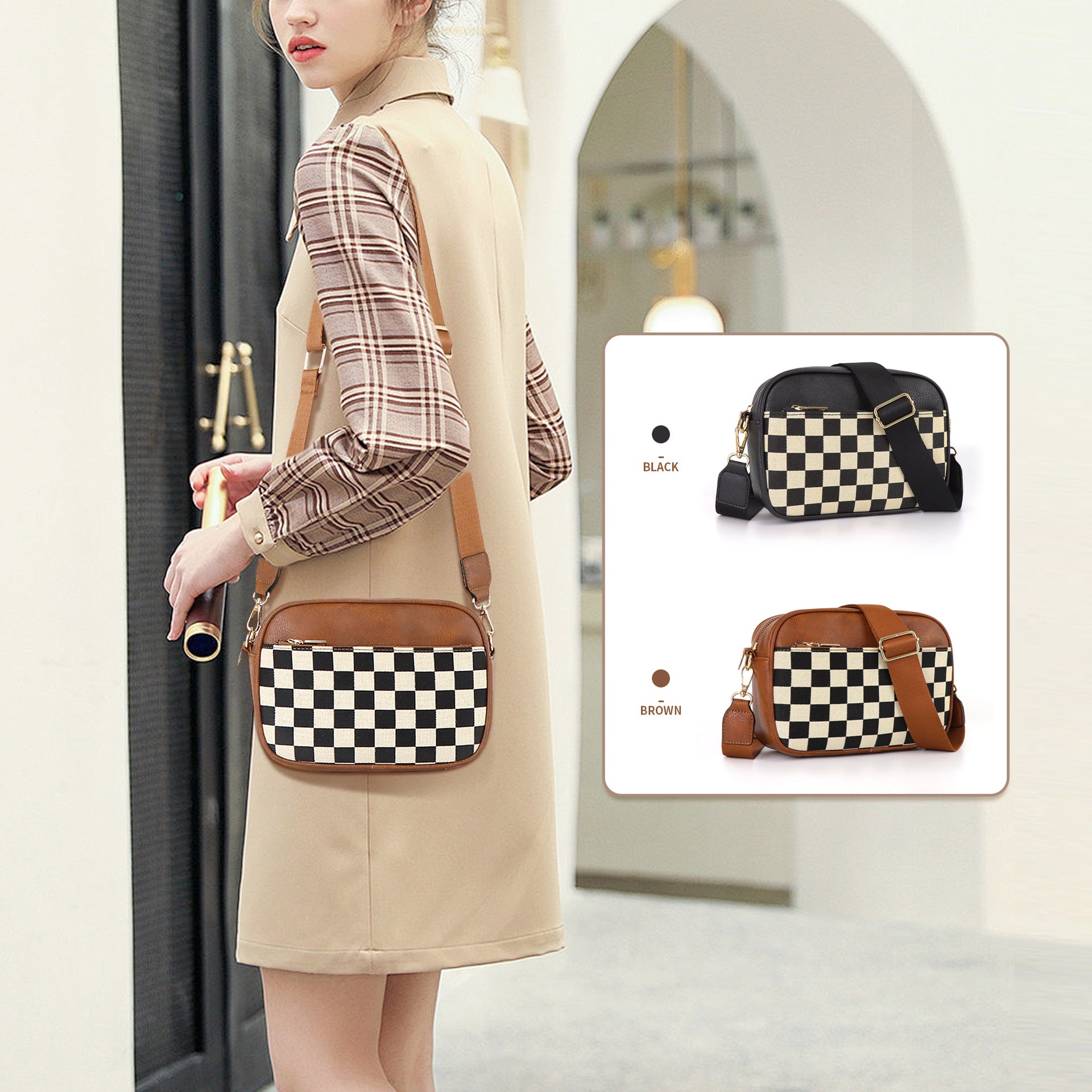 Brown Stylish Checkerboard Crossbody Camera Bag - PU Leather with Adjustable Wide Strap