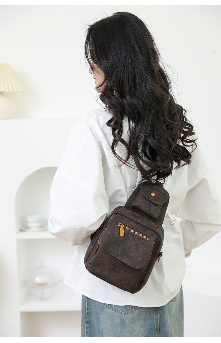 Black Stylish PU Leather Sling Crossbody Bag for Women - Multi-Pocket Chest Pack with Adjustable Wide Strap
