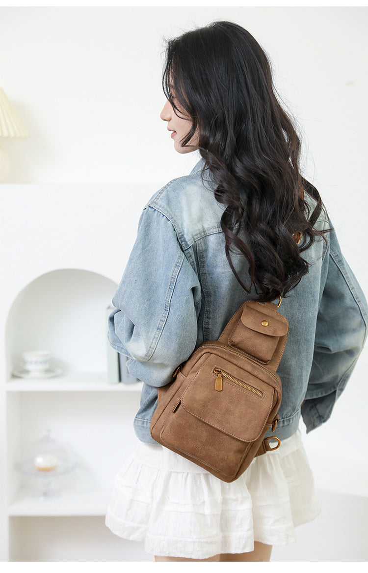 Brown Stylish PU Leather Sling Crossbody Bag for Women - Multi-Pocket Chest Pack with Adjustable Wide Strap