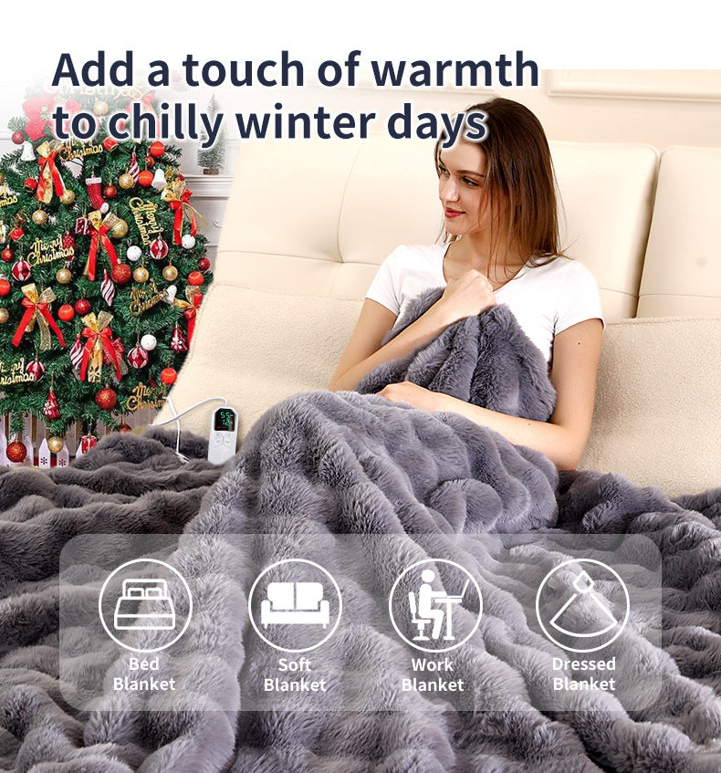 127*152CM Grey Luxurious Faux Rabbit Fur Electric Heated Throw Blanket - Cozy Warmer with 9 Heat Settings & Timer (AU Plug)