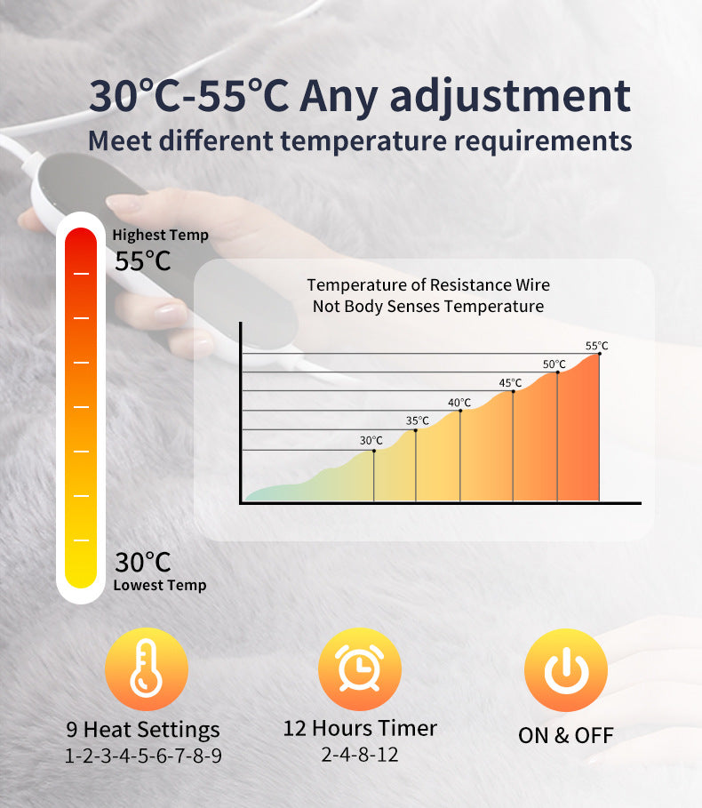 127*152CM Grey Luxurious Faux Rabbit Fur Electric Heated Throw Blanket - Cozy Warmer with 9 Heat Settings & Timer (AU Plug)