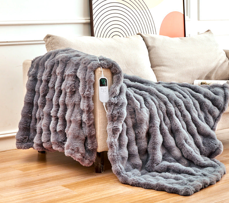 130*180CM Grey Luxurious Faux Rabbit Fur Electric Heated Throw Blanket - Cozy Warmer with 9 Heat Settings & Timer (AU Plug)
