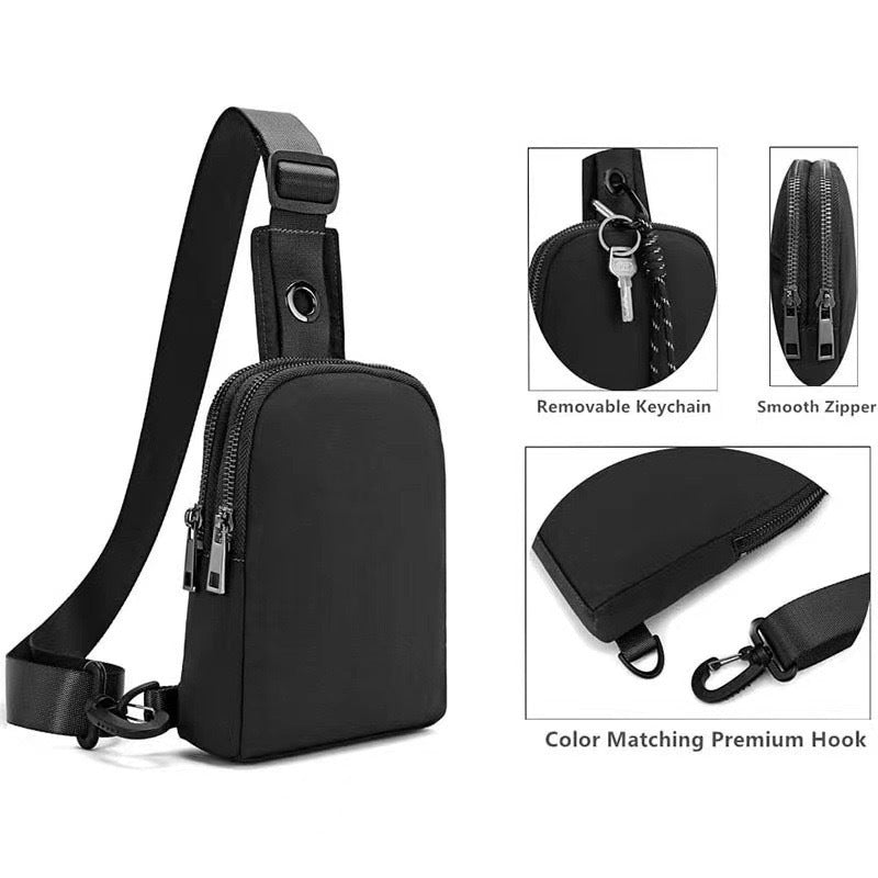 Black Compact Waterproof Sling Bag - Unisex Mini Crossbody Chest Pack with Adjustable Reversible Strap