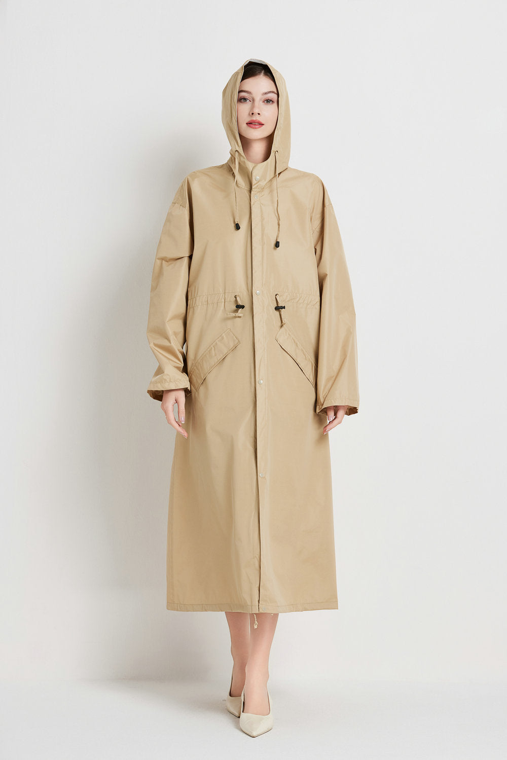 Size L Khaki Women's Chic Lightweight Waterproof Raincoat - Long Hooded Packable Rain Jacket with Pouch