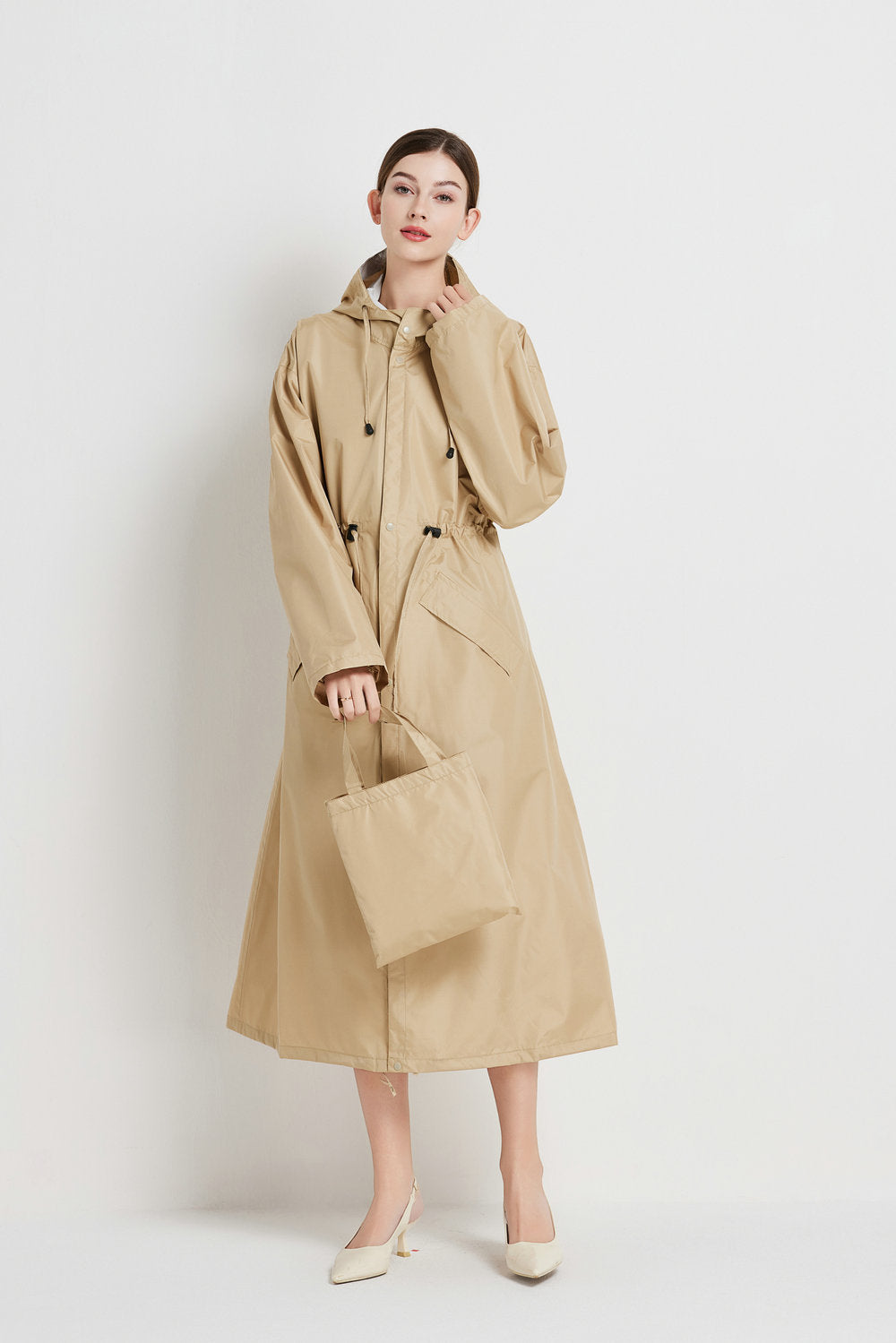 Size XL Khaki Women's Chic Lightweight Waterproof Raincoat - Long Hooded Packable Rain Jacket with Pouch