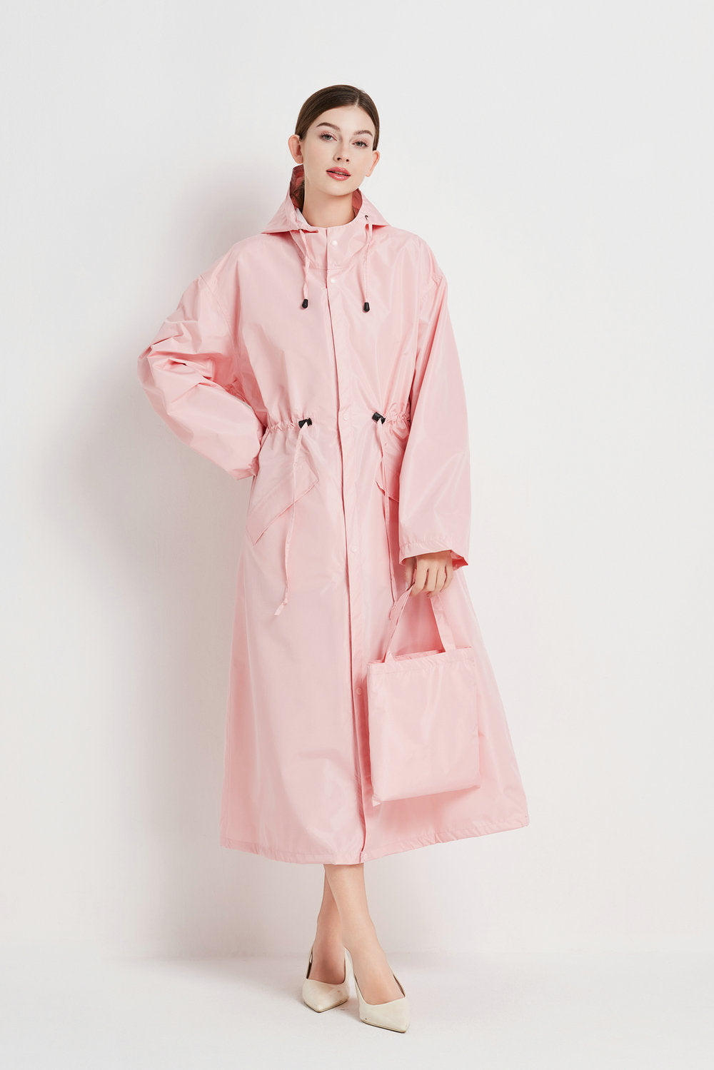 Size M Pink Women's Chic Lightweight Waterproof Raincoat - Long Hooded Packable Rain Jacket with Pouch