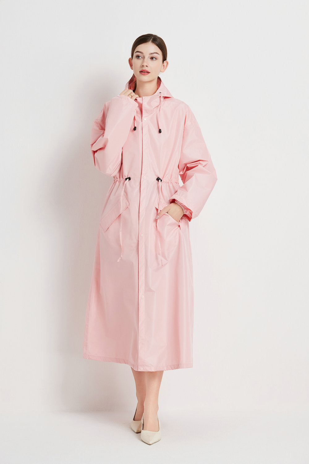 Size XL Pink Women's Chic Lightweight Waterproof Raincoat - Long Hooded Packable Rain Jacket with Pouch