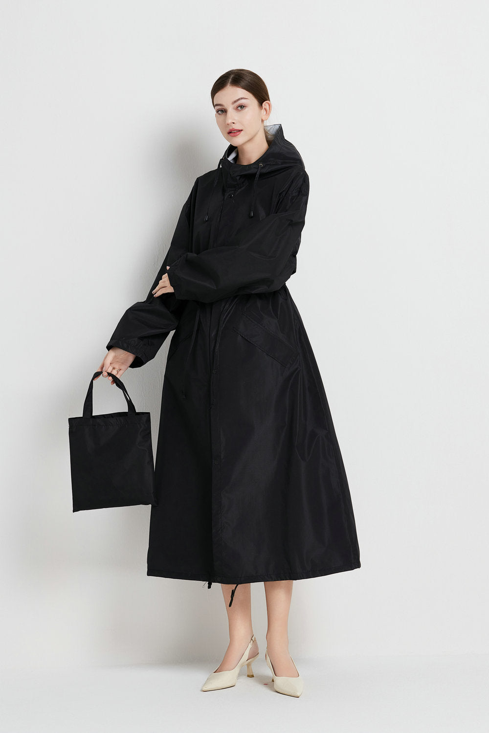 Size XL Black Women's Chic Lightweight Waterproof Raincoat - Long Hooded Packable Rain Jacket with Pouch