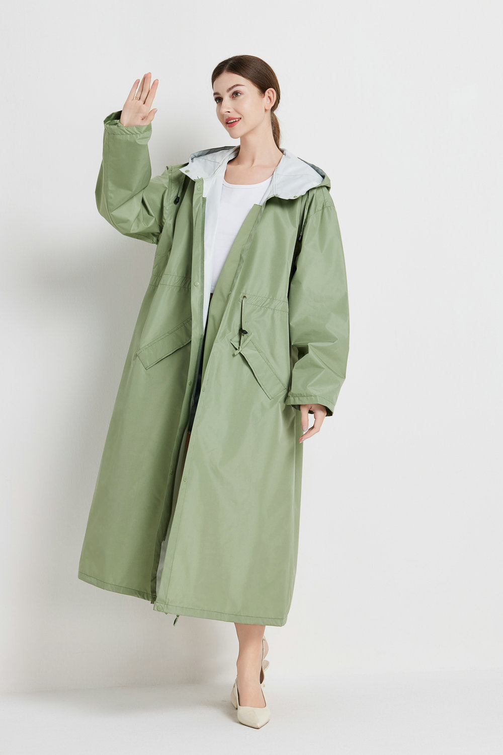 Size L Green Women's Chic Lightweight Waterproof Raincoat - Long Hooded Packable Rain Jacket with Pouch