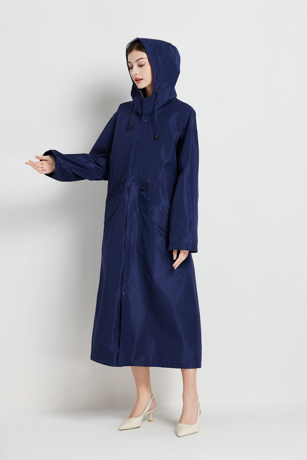 Size XL Dark Blue Women's Chic Lightweight Waterproof Raincoat - Long Hooded Packable Rain Jacket with Pouch