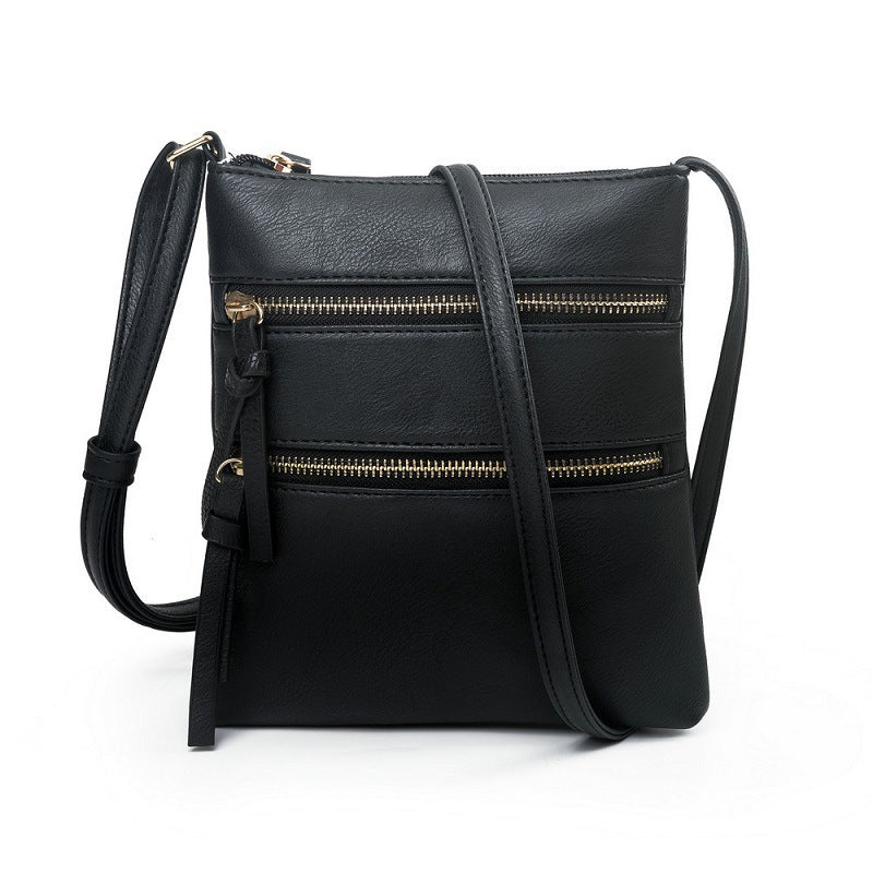 Black Compact Women's Crossbody Bag - Adjustable Strap, Double Zipper Closure, 18x21cm Lightweight PU Leather Shoulder Bag