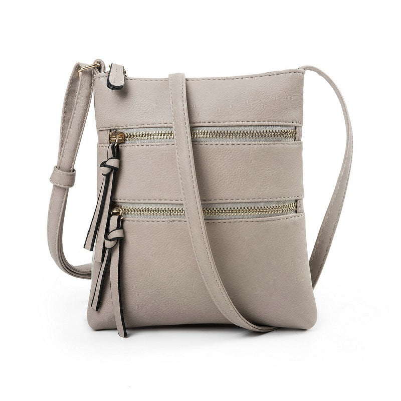 Grey Compact Women's Crossbody Bag - Adjustable Strap, Double Zipper Closure, 18x21cm Lightweight PU Leather Shoulder Bag
