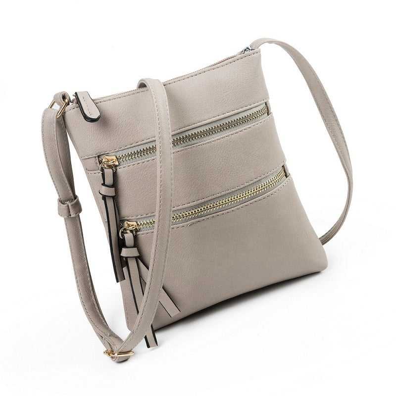 Grey Compact Women's Crossbody Bag - Adjustable Strap, Double Zipper Closure, 18x21cm Lightweight PU Leather Shoulder Bag