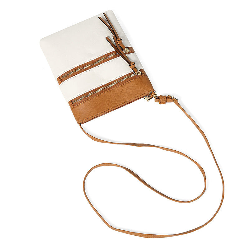 Brown and White Compact Women's Crossbody Bag - Adjustable Strap, Double Zipper Closure, 18x21cm Lightweight PU Leather Shoulder Bag