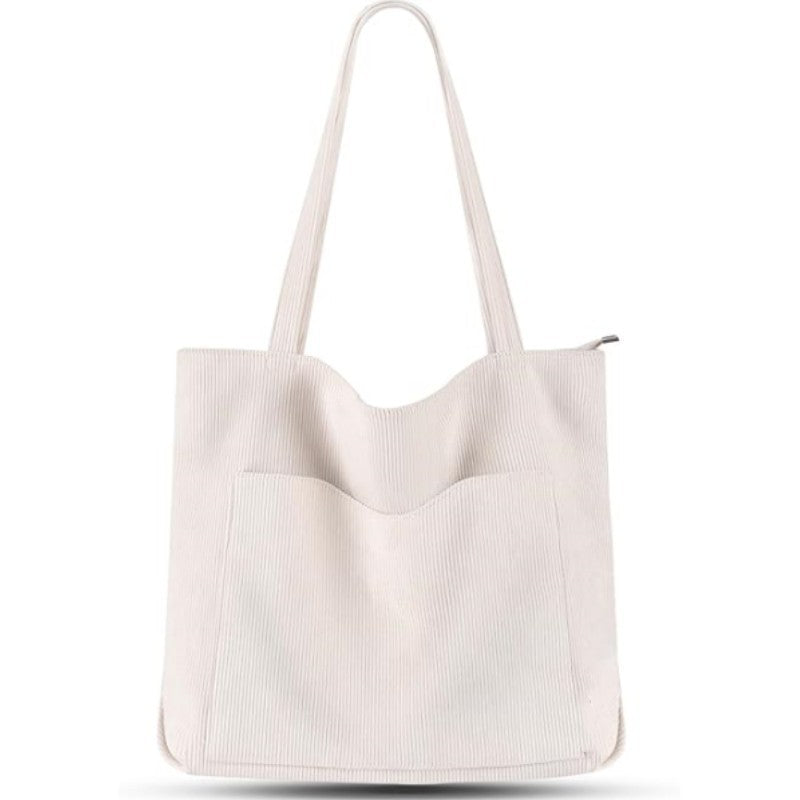 White Stylish Corduroy Canvas Tote Bag - Fashionable and Retro Shoulder Bag