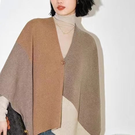 Brown Pure Wool Extra Large Shawl Scarf Color Block Multi-functional Warm Cashmere Cape Poncho