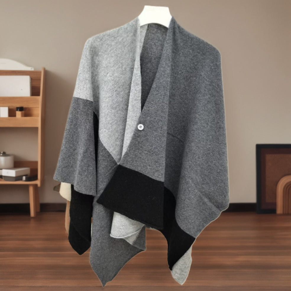 Grey Pure Wool Extra Large Shawl Scarf Color Block Multi-functional Warm Cashmere Cape Poncho