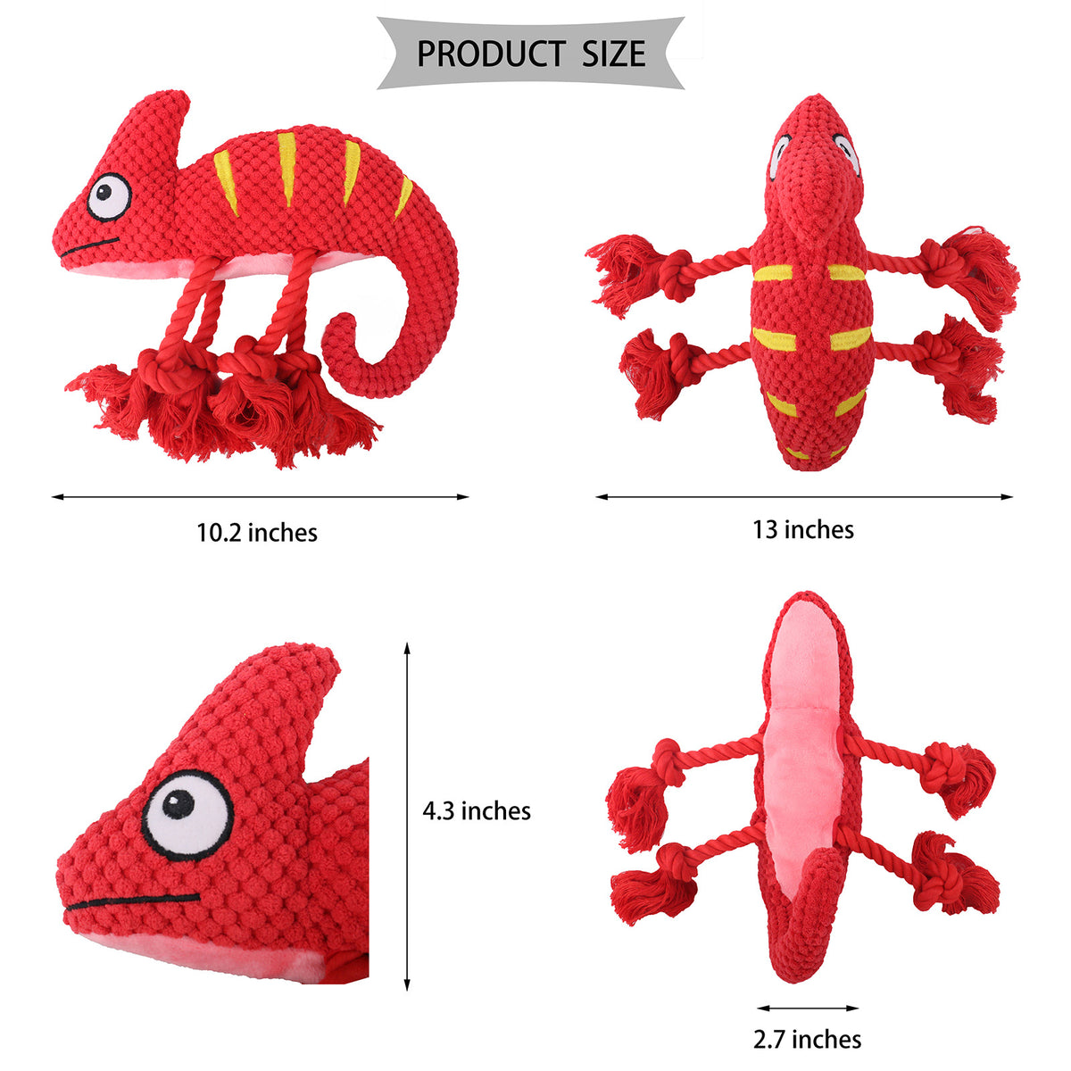 2 Pcs Yellow Interactive Plush Chameleon Dog Toy with Squeaker & Rope Legs - Durable Chew Toy for Medium/Large Dogs, Teeth Cleaning Texture, Machine Washable (10.2in)