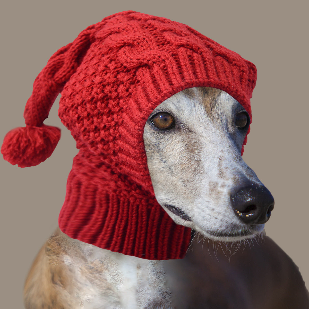 Size L Red Whimsical Knit Dog Hat with Pom-Pom - Cozy Winter Pet Beanie & Snood