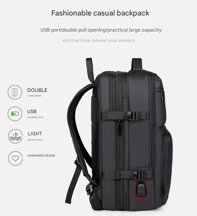 Black Expandable Business Travel Backpack with USB Charging Port - Water-Resistant Laptop Bag for Commuting & Carry-On