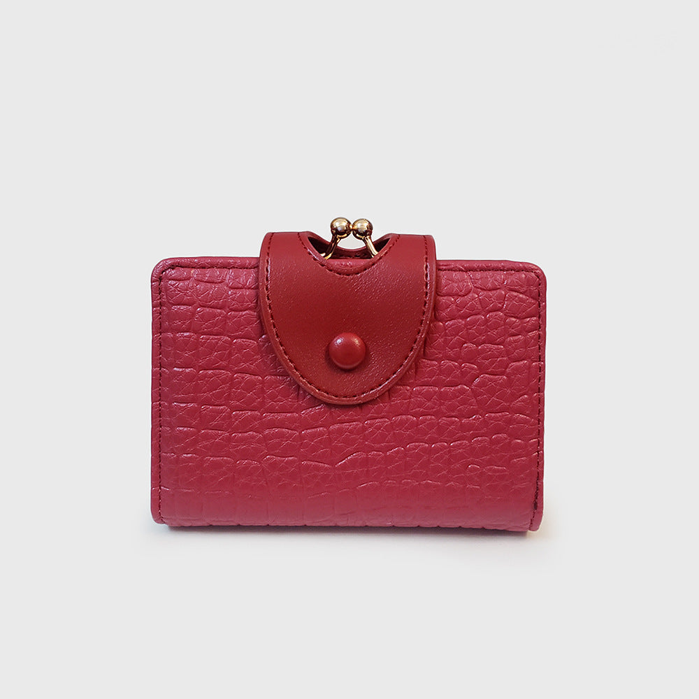 Red Elegant Croc Embossed Womens Wallet - Short PU Leather Bifold with Removable Kisslock Coin Purse & Card Holder